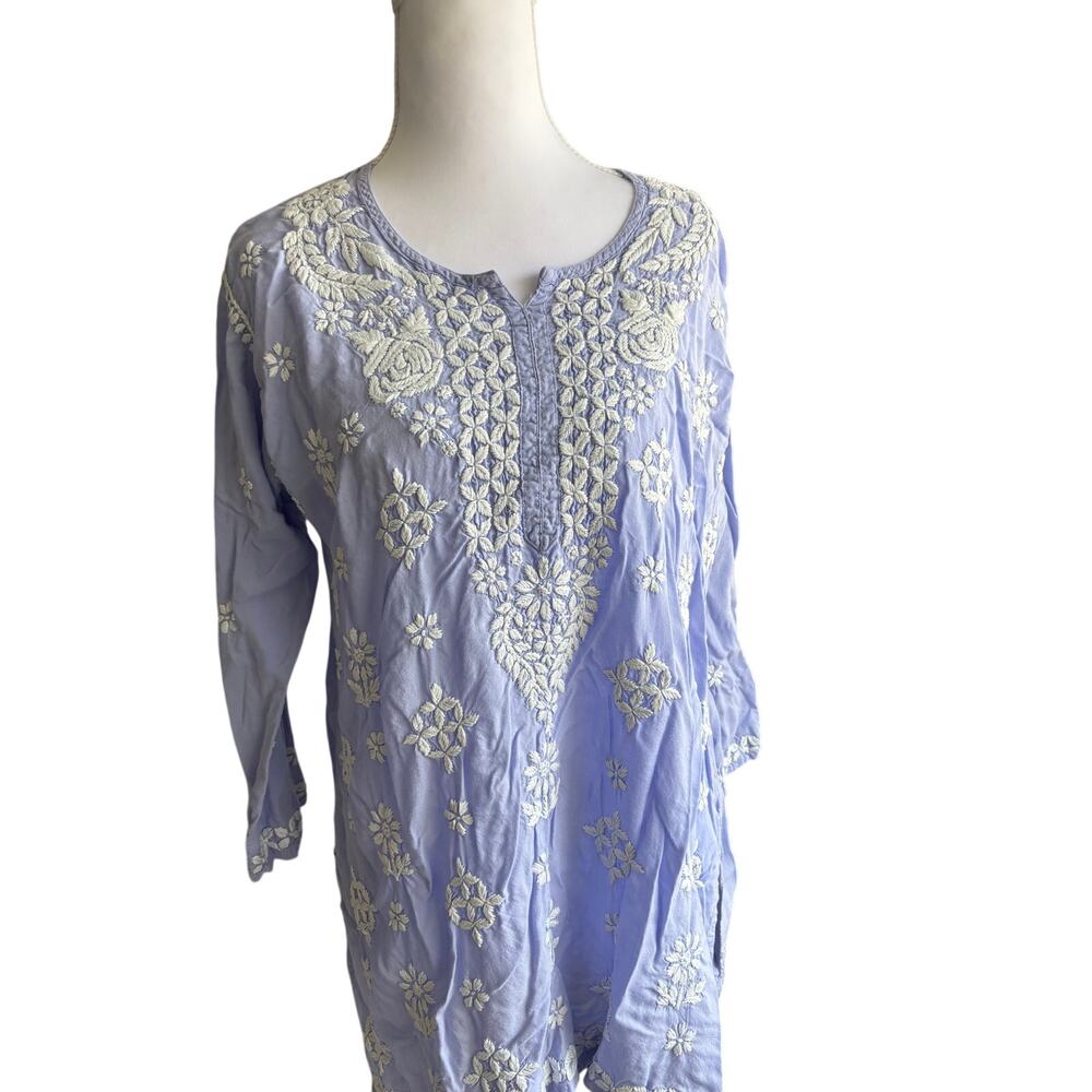 Boho linen cotton blend blue top sz M lightweight embroidery cottagecore chic